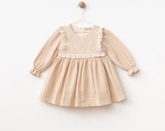 Organic Cotton Muslin Baby Dress: Lace & Ruffle Details, Long Sleeve