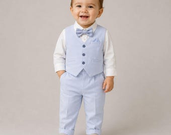 Light Blue Baby Boy Formal Outfit: Cotton Vest, Bow Tie, Christening Suit
