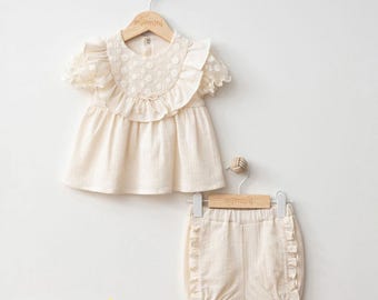 Baby Girl Gauze Outfit: Floral Embroidered Ruffle Dress, Bloomer Shorts