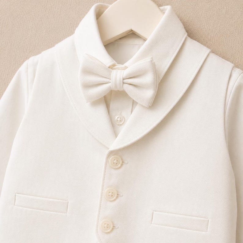 May include: An off-white vest featuring a shawl collar, a matching bow tie, and three front buttons. The garment includes two horizontal welt pockets on the lower front and is displayed on a hanger, showcasing a clean, structured design.