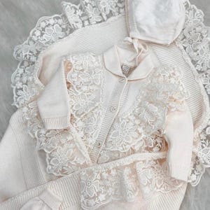 Lace Knit Newborn Outfit: Cotton Romper, Bonnet, Booties & Swaddle