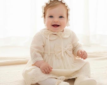 Baby Baptism dress Cotton Embroidered Christening Outfit | Lace Infant Baptism Suit with Bonnet