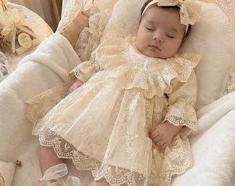 Baptism Dress for Baby Girl | Lace Christening Gown | Tulle Embroidered Infant Outfit