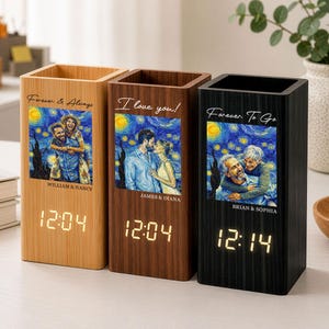 May include: Three rectangular wooden desk organizers with integrated digital clocks. Each features a custom printed image of a couple in a starry night style, personalized text including "Forever & Always," "I love you!," and "Forever To Go," and names.