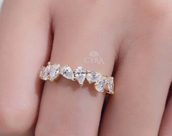 Pear Moissanite Half Eternity Band, Promise Ring, Stacking Ring, Bridal Rings, Vintage Diamond