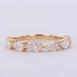 Pear Cut Lab Grown Diamond Half Eternity Band: 14K Yellow Gold Stacking Ring