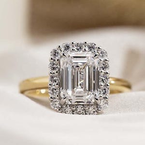 Emerald Cut Lab Grown Diamond Halo Engagement Ring: 3.0 TCW, VVS2 Clarity