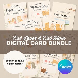 Paquete de tarjetas de gato para el Día de la Madre / Plantillas editables de Canva / Juego de tarjetas digitales personalizables con ranuras para fotos