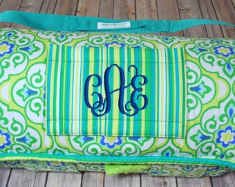 2" thick cushy Memory Foam Nap Mat in Standard Length Honore Designer Print with Personalized Embroidery with Green and Blue Minky Interior
