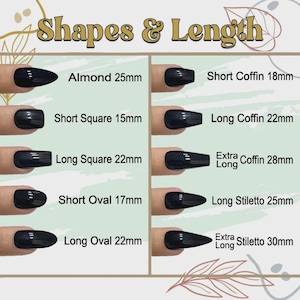 May include: A chart titled Shapes & Length displaying various black nail shapes and their measurements in millimeters: Almond 25mm, Short Square 15mm, Long Square 22mm, Short Oval 17mm, Long Oval 22mm, Short Coffin 18mm, Long Coffin 22mm, Extra Long Coffin 28mm, Long Stiletto 25mm, and Extra Long Stiletto 30mm.