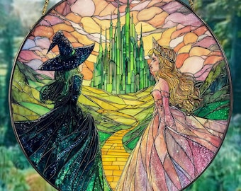 Wicked Musical Suncatcher – Elphaba and Glinda Faux Stained Glass Ornament, Unique Halloween Home Decor, Gift for Theatre Lovers