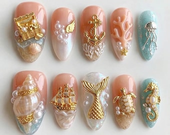 Handmade 3D Mermaid Tail Press On Nails with Gold Ship and Anchor Art - Elegant Nautical Fake Nails - Peach Pearl Sea Turtle Gift