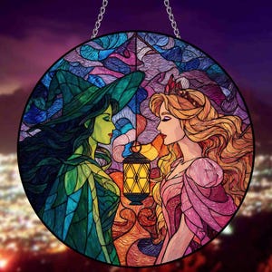May include: A round stained glass window featuring two female figures facing each other, with a lantern between them. One figure is a witch in green, the other a princess in pink. The background is a colorful mosaic.