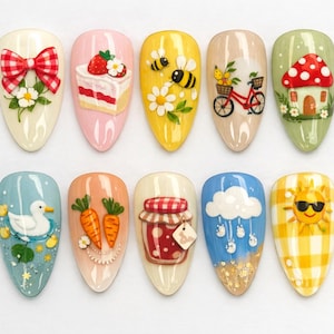 Kawaii Cottagecore Press On Nails, Strawberry Bee Mushroom Duck Sun Jam Almond Fake Nails, Cute Summer Garden Nail Set