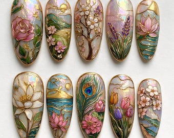 Stained Glass Floral Press On Nails, Gold Outline Flower Nails Lotus Tulip Sakura Elegant Spring Nail Art Reusable Nails