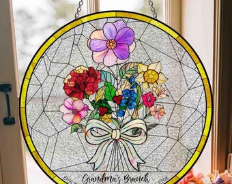 Family Birth Flower Bouquet Birth Month Flowers Personalized Stained Glass Window Hangings,  Birth Month Flowers, Custom Stained Glass