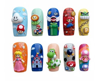 Super Mario Press On Nails, 3D Princess Peach Yoshi Toad Mushroom Kart Pipe Design, Cute Gamer Cartoon Nail Set, Handmade Anime Nails