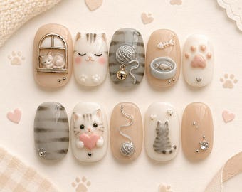 Cat Lover 3D Nail Art Set with Kittens, Paw Prints, Yarn Ball, Fish Bowl, Hearts, Handmade Press-On Nails