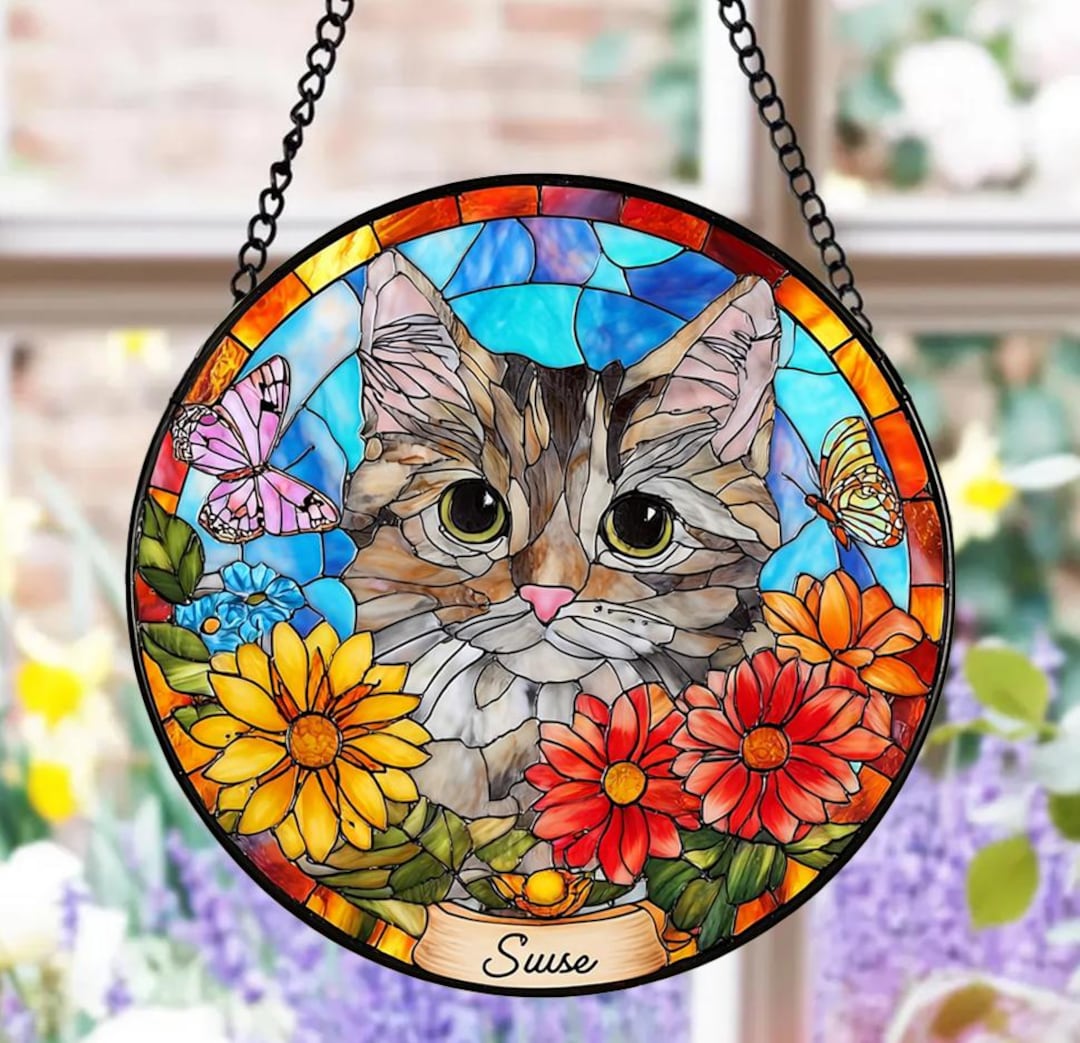 Custom Cat Portrait Stained Glass, Custom Pet Memorial Stained Glass ...