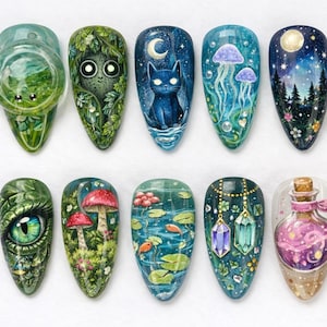 Unghie finte Fantasy Forest Press On, Unghie finte Witchy Cat Mushroom Potion Night Sky Almond, Set di unghie Fairycore Magical Woodland