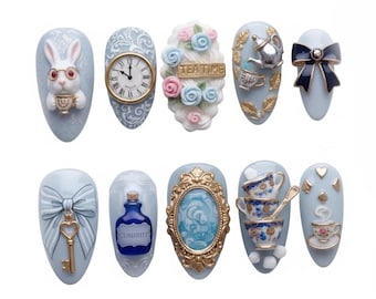 Alice in Wonderland Press On Nails, Rabbit Clock Tea Cup Bow Key Floral Design, Blue Vintage Fantasy Almond Nails, Handmade Nail Set