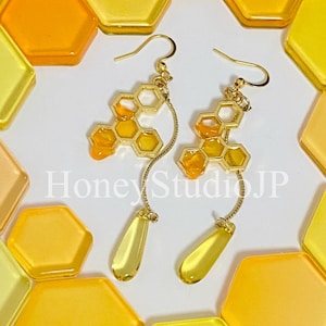 Honey Drip Gold Earrings Featuring Honeycomb Motif.(surgical stainless steel hypoallergenic earrings, non-piercing option available.)