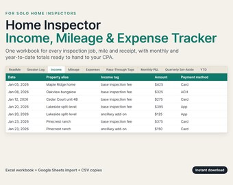 Home Inspector Bookkeeping Spreadsheet | Income, Mileage, Expense Tracker (Excel/Google Sheets)
