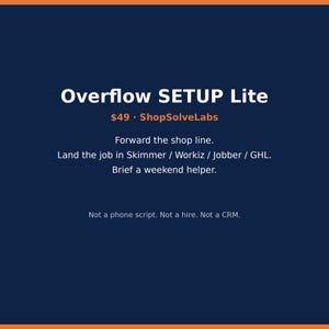 Puede incluir: Un gráfico azul oscuro con texto en blanco y naranja que dice: Overflow SETUP Lite, ShopSolveLabs, Forward the shop line, Land the job in Skimmer / Workiz / Jobber / GHL, Brief a weekend helper, Not a phone script, Not a hire, Not a CRM.