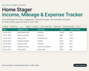 Home Stager Bookkeeping Spreadsheet | Income, Mileage, Expense Tracker (Excel/Google Sheets)