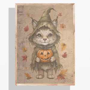 Witch Lynx Halloween Print: Autumn Woodland Animal Art (Digital Download)