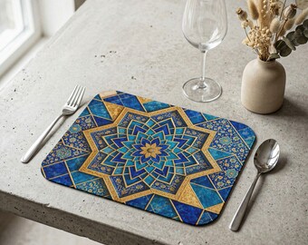 Blue Gold Mandala Leather Placemat | Geometric Table Decor