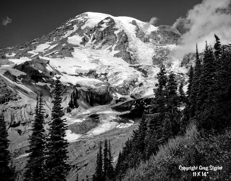 Mt Rainier Very Fine Black and White Photograph Available in 8X10\u201d 11X14\u201d and 13X19\u201d