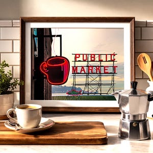 Seattle Pike Place Market Neon Coffee Cup Photograph, Vintage Americana Art Print