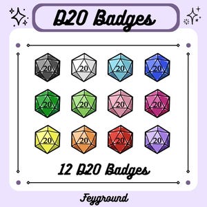 Puede incluir: Un conjunto de 12 insignias D20 con ilustraciones de dados de veinte caras en varios colores, incluyendo negro, blanco, azul, verde, rosa, rojo, amarillo, naranja y morado. Cada insignia muestra el número 20. El texto D20 Badges aparece arriba y abajo.
