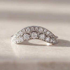 Round Moissanite Diamond Curved Wedding Band, Art Deco Milgrain Contour Ring, Vintage Style Matching Stacked Band, Silver Engagement Band