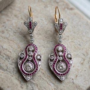 Art Deco Ruby Drop Earrings, Round & Red Baguette Cut CZ Stone Dangle Earrings, 925 Silver Lever Back Earrings, Wedding Earrings For Women