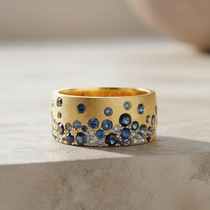 Half Eternity Cigar Band Ring, Blue Round CZ Stone Engagement Band, 925 Silver Bridal Jewelry, Women's Engagement Band, Flush Set Wide Band