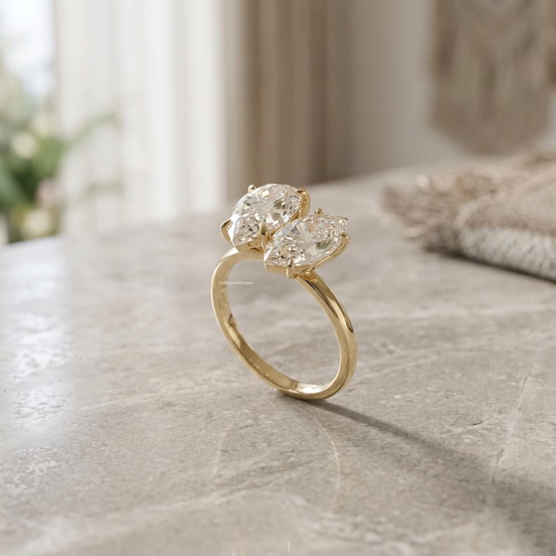 Toi Et Moi Pear & Marquise Cut Moissanite Diamond Wedding Ring, Two Toi Et Moi Pear & Marquise Cut Moissanite Diamond Wedding Ring, Two