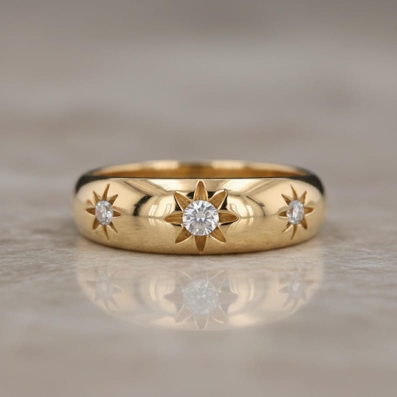 Star Rings With Triangle Design Star Shape Trilogy Ring, Three Stone Starburst Ring, Round Cut ...