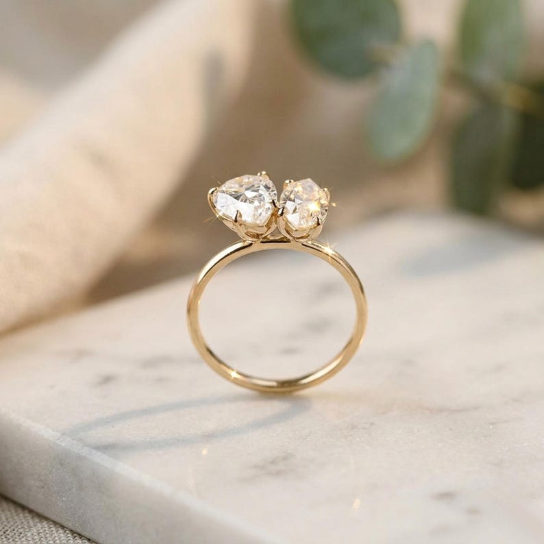Toi Et Moi Pear & Marquise Cut Moissanite Diamond Wedding Ring, Two Toi Et Moi Pear & Marquise Cut Moissanite Diamond Wedding Ring, Two