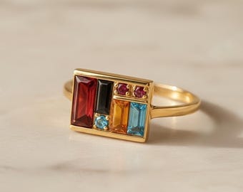 Unique Multi Gemstone Box Ring, 925 Silver Baguette Cut CZ Stone Garnet Statement Ring, Antique Art Deco Engagement Ring, Fine Jewelry Gift