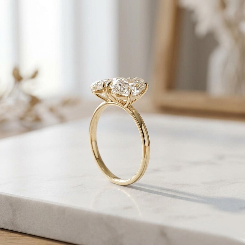 Toi Et Moi Pear & Marquise Cut Moissanite Diamond Wedding Ring, Two Toi Et Moi Pear & Marquise Cut Moissanite Diamond Wedding Ring, Two