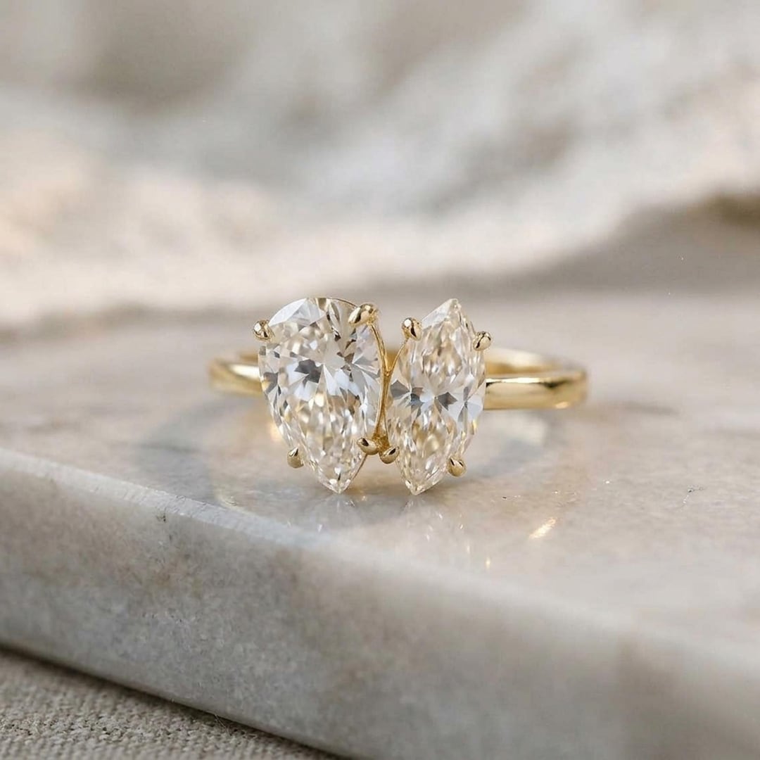 Toi Et Moi Pear & Marquise Cut Moissanite Diamond Wedding Ring, Two Toi Et Moi Pear & Marquise Cut Moissanite Diamond Wedding Ring, Two