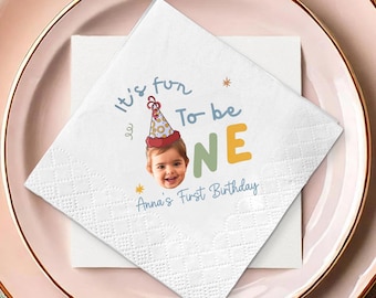 Personalized Fun To Be One Paper Napkins, Custom Photo Baby Shower Decorative, Colorful First Birthday Welcome, Kid Face Party Themed