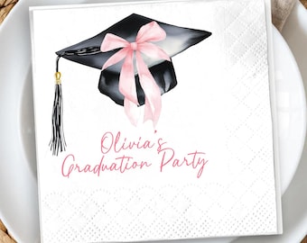 Personalized Pink Bow Graduation Napkin, Custom Class of 2026 Party Decor, Congrats Graduate Gift Tableware Supply, Senior Grad Announcement