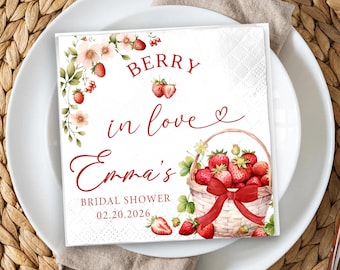 Personalized Red Bow Coquette Strawberry Paper Napkins, Custom Bridal Shower Decor, Berry in Love Tableware, Rehearsal Engagement Dinner