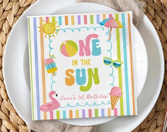 Personalized One In The Sun 1st Birthday Napkins, Groovy Summer Pool Party Decor, Pastel Flamingo Float Cocktail, Beach Baby Girl First Bday