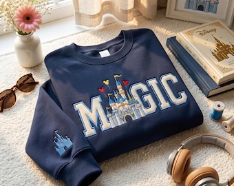 Shirt Magic Kingdom, cartoon roze lint ronde hals, cadeau familievakantie, geborduurd sweatshirt magisch kasteel, shirt prinses kasteel