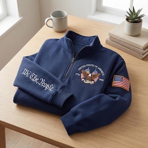 Broderad USA-jubileumströja med kvarts dragkedja, broderad "Vi folket"-hoodie, patriotisk flagggåva, USA-flaggamärke