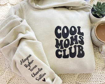 Sweat-shirt cool Mom Club brodé, noms d'enfants brodés sur la manche, cadeau maman personnalisé